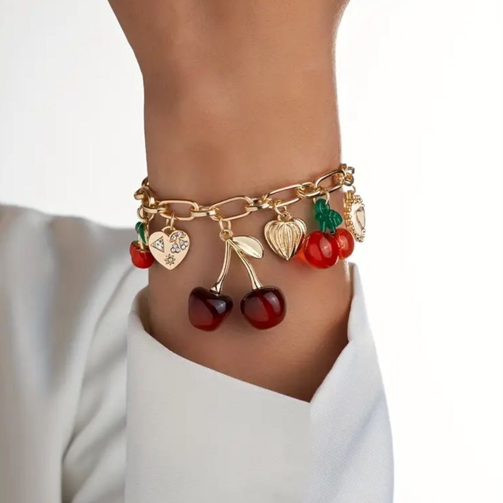 Gold Cherry Alloy  Charm Bracelet and earrings - Picture 7 of 13